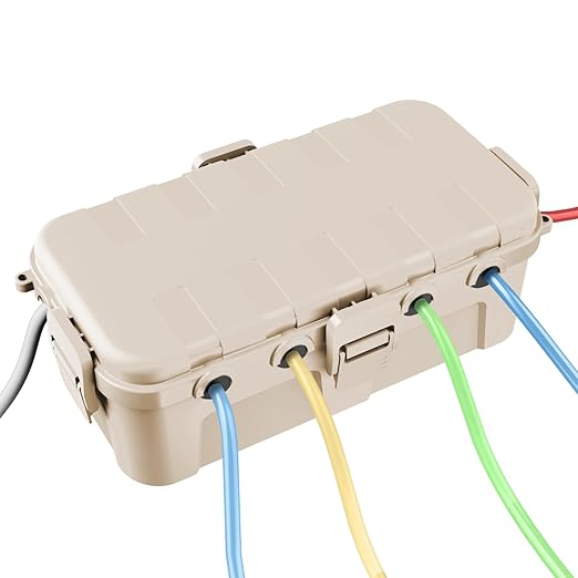 QUOBAS Outdoor Waterproof Electrical Box with 6 Cable Ports, IP54 Weatherproof Heavy-Duty Extension Cord Cover for Power Strips, Garden Power Tools, Holiday Lights, Almond
