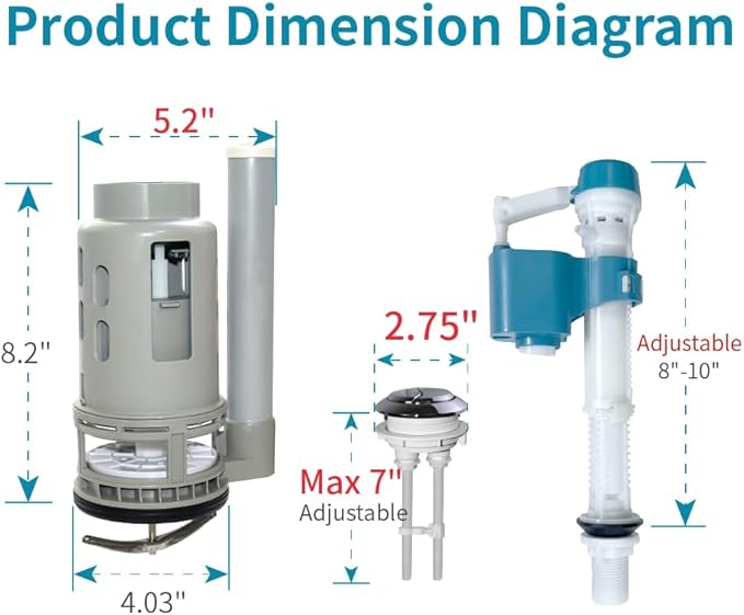 3-Inch Dual Flush Valve Replacement Kit for One Piece Toilet: Include 8" Height Flush Valve, 2.2" Threaded Button, Fill Valve. Fits Tanks 10-13.5" Tall, Drain Holes 3.2-3.6"