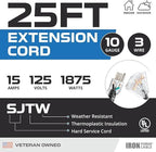Iron Forge Cable 10 Gauge 25ft Lighted Outdoor Heavy Duty Extension Cord with 3 Outlets - 15 Amp 10/3 SJTW Black Extension Cord with Multiple Outlets