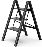 GameGem 3 Step Ladder, Aluminum Folding Step Stool with Anti-Slip Sturdy and Wide Pedal, Lightweight Portable Stepladder for Home and Kitchen Use Space Saving, Black, 330 lbs