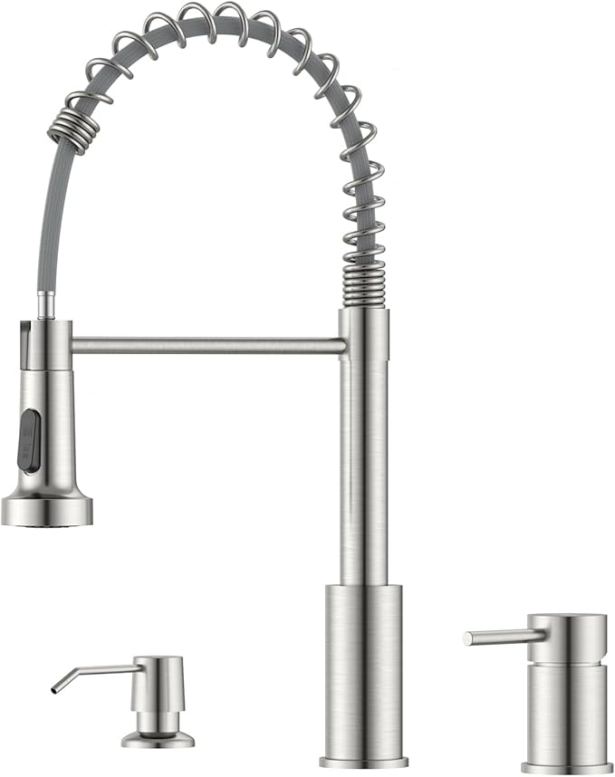 APPASO Kitchen Faucet 3 Holes, Brushed Nickel S304 Stainless Steel Spring 3 Piece Sink Faucets with Separate Side Handle, Pull Down Sprayer and Soap Dispenser, 2 Spray Modes and Easy-Installation