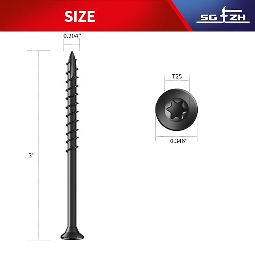 #10 x 3 Inch Deck Screws (59Pcs) 1lb. Exterior Wood Screws. Carbon Steel, Black, Flat Head, Rust Resistant epoxy Coated, with T25 Star Bit