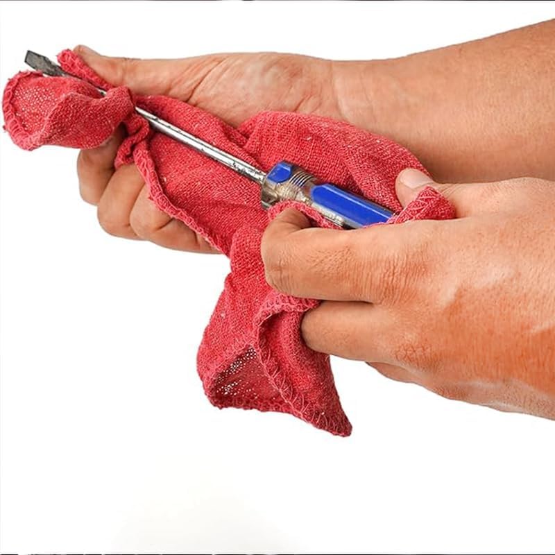 Auto Mechanic Shop Towels (13"x14"), 12 Pack Red - 100% Cotton Commercial Grade Rags for Cleaning & Maintenance, Garage Supplies - Professional Mechanics Reusable Wipes