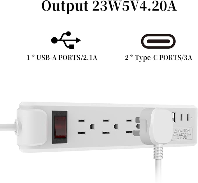4-Outlet 6.5Ft Long Cord 2500W Power Strip Build-in Charging Cable and2 Type C (PD 23W) & USB (QC 3.0 5V3A) Fast Charging Ports (White)