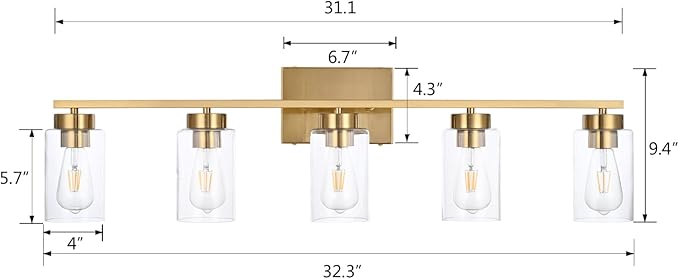 5 Light Bathroom Vanity Light Fixtures, Brushed Brass Modern Wall Lights with Clear Glass Shade, Vintage Wall Sconce Lighting for Living Room, Mirror, Bedroom, Hallway (Gold, 5-Lights)