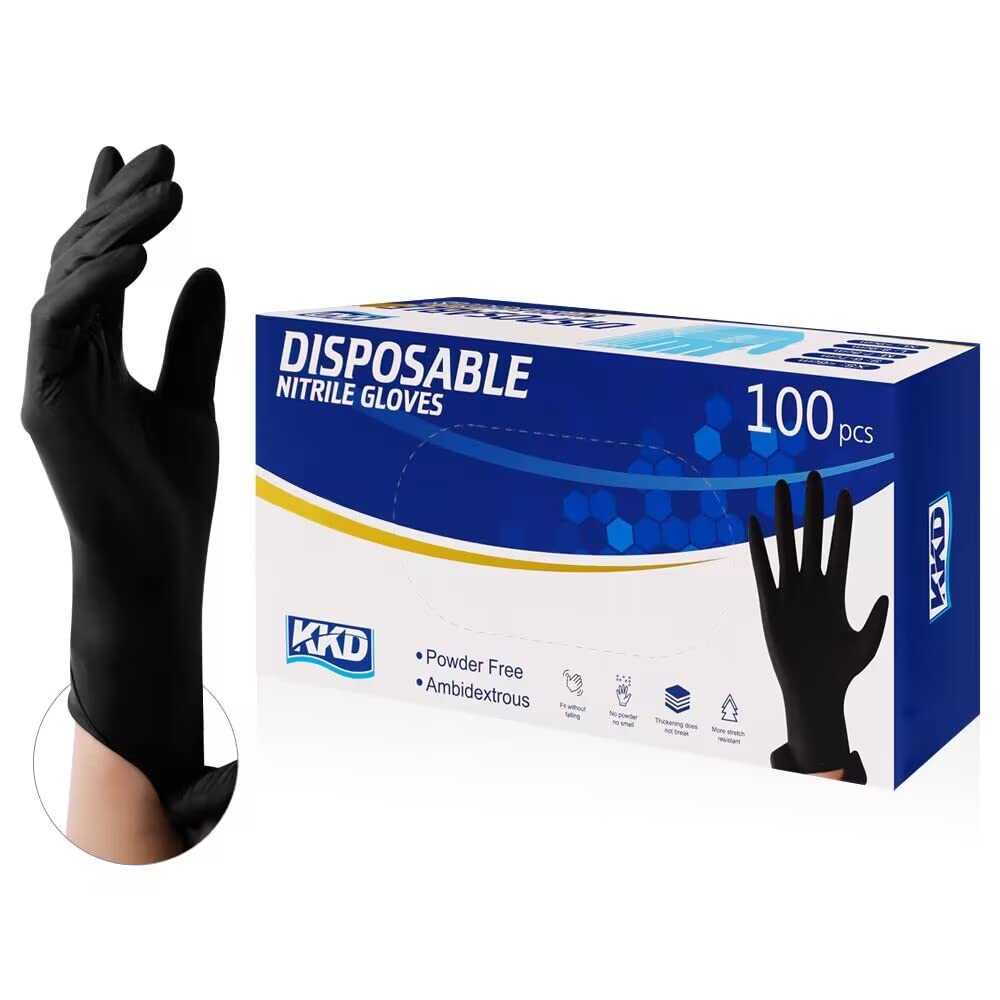 KKD Nitrile Gloves Disposable 100 Count 5.5 Mil Latex Free & Powder Free Gloves For Cooking, Cleaning, Insdustrial and Salon Use, Black, Large