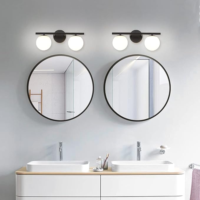 New Bathroom 2 Vanity Light Fixtures Brushed Black Milk White Globe Glass Shade Modern Wall Bar Sconce Over Mirror