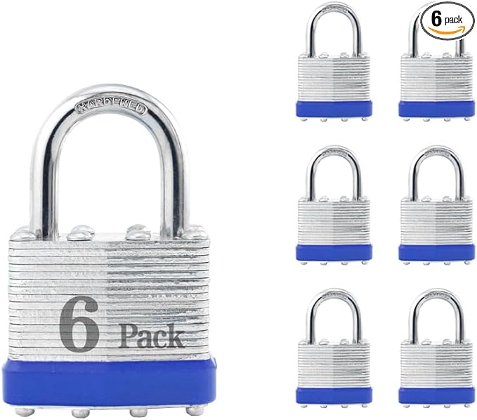 ZonRo Locks Laminated Steel Keyed Padlocks,Keyed Alike Locks, 1-9/16 inch Wide,Normal Shackle Padlocks, Pack of 6，Blue Hoop, for Hasp Latch, Sheds, Fences, Storage Locker, School, Gym…