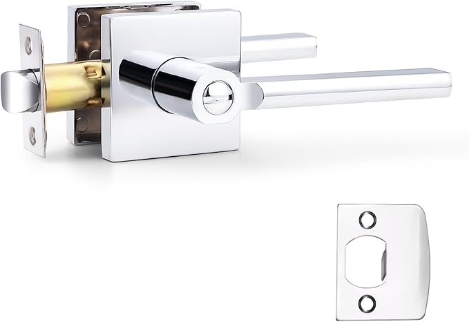 Probrico Polished Chrome Privacy Door Handle Lockset Heavy Duty Square Interior Door Lever for Bedroom or Bathroom Reversible Keyless Handleset Door Knob Slim Handed Levers, 1 Pack