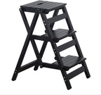 KINGBO Step Stool for Adults/Step Ladder/Counter Chair, 3-Step Folding Portable Wooden Step Stool, Anti-Slip & Lightweight (Black)