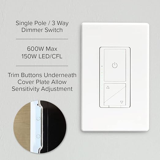 Maxxima 3-Way/Single Pole Digital Dimmer Wall Light Switch - Featuring Brightness Indicator Lights, 600 Watt, LED Compatible, Decorative Screwless White Wall Plate Cover Included