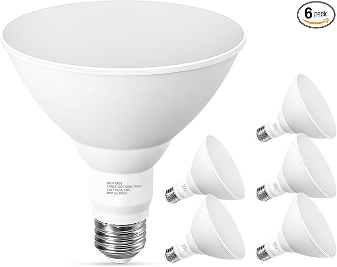 PAR38 LED Outdoor Flood Light Bulbs, 100W Equivalent, 3000K Warm White, 1050LM, 13W Dimmable, Waterproof LED Floodlight for Porch Yard Garage, E26 Base, 15,000 Hrs, 6 Pack