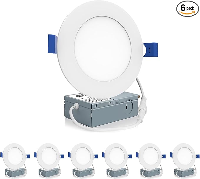 Meconard 6 Pack 4 Inch LED Recessed Ceiling Light with Junction Box, 5000K Daylight, 9W=75W 750LM, Dimmable Canless Downlights, ETL and Energy Star Listed