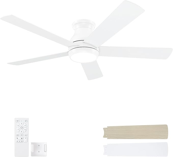 52 Inch White Ceiling Fans with Lights and Remote,LED Low Profile Flush Mount Ceiling Fan for Bedroom,Living Room, with Quiet DC Motor,Dimmable 6 Speeds