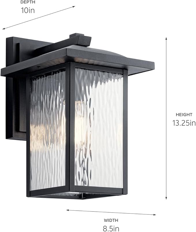 Kichler Capanna 13.25" Outdoor Wall Light in Black, 1-Light Exterior Wall Sconce Porch Light with Clear Water Glass, (13.25" H x 8.5" W), 49925BKT