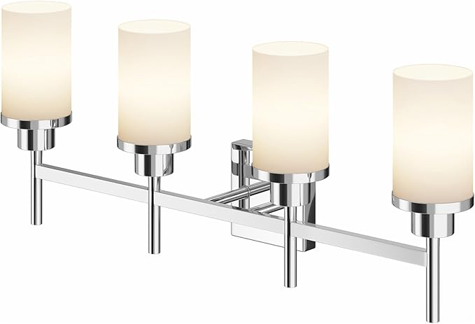 4-Light Vanity Lighting Fixtures with White Frosted Glass Shade, Polished Chrome Bathroom Wall Lamps Over Mirror for Bath Restroom Kitchen T001CH-L4
