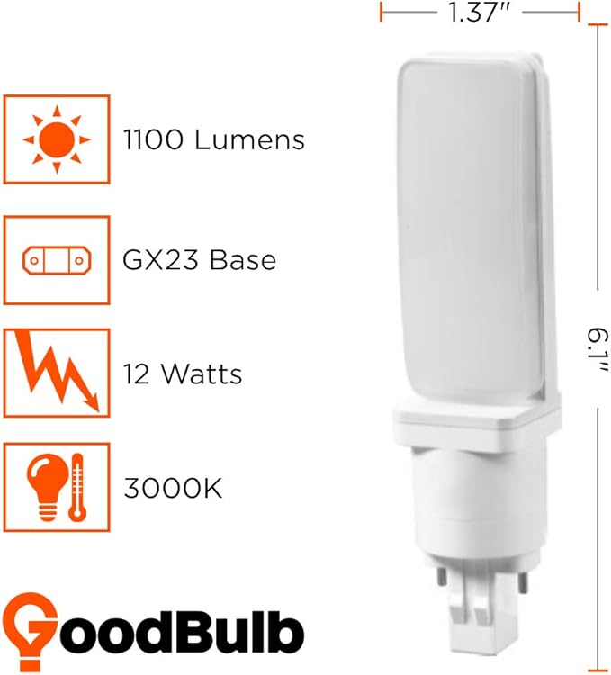GoodBulb 18 Watt Replacement Horizontal LED Plug-in Light Bulbs | Commercial 12 Watt Hybrid 2 Pin GX23 Base 3000K Warm White | High Output 1100 Lumens | 120° Beam LED PL Light Bulbs | 10 Pack