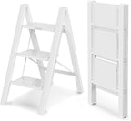 WOA WOA Step Ladder, Widen Pedals Folding Step Stool with Anti-Slip Foot, Portable Lightweight Aluminum Ladder, Household Stepladder for Kitchen, Fold Thin & Space Save, 300 lbs Load (3 Step, White)