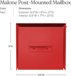 post & porch Malone Mailbox | Post Mounted Mailbox | Black/White/Gray/Brown/Red/Blue/Green, Regular or Large, Weatherproof Mail Box for Outside, Customizable (Red, Regular)