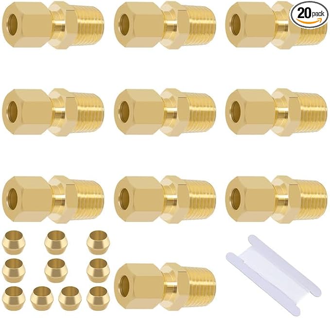 Brass Compression Tube Fitting, Straight Coupling Adapter, 10 PCS 1/4" OD x 1/4" NPT Male Union Connector 1/4" OD Compression x 1/4" NPT Male & 10 PCS Compression Sleeves Ferrules