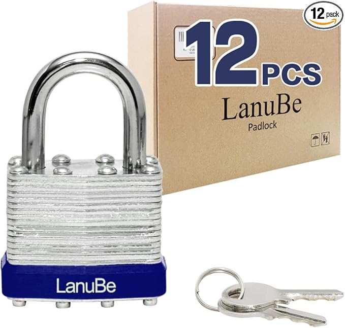 LanuBe Lock Laminated keyed Padlock (1-9/16", 40mm), keyed Alike Locks, Normal Shackle, Pack of 12…