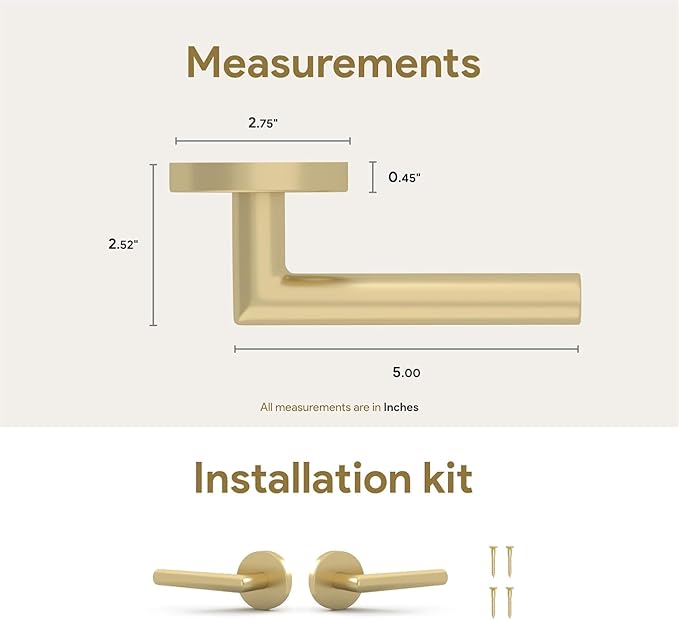 Mega Handles Ronn Dummy Door Handles - 4 Pack Heavy Duty Gold Door Handle, Non-Turning Door Handle for Hallway, Closet & French Doors, Single Side, Fits All Standard Doors - Satin Brass