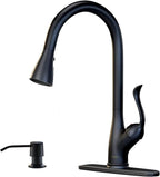 APPASO Matte Black Kitchen Faucet with Pull Down Sprayer and Soap Dispenser, Single Handle Commercial High Arc One Hole Pull Out Spray Head Kitchen Sink Faucets