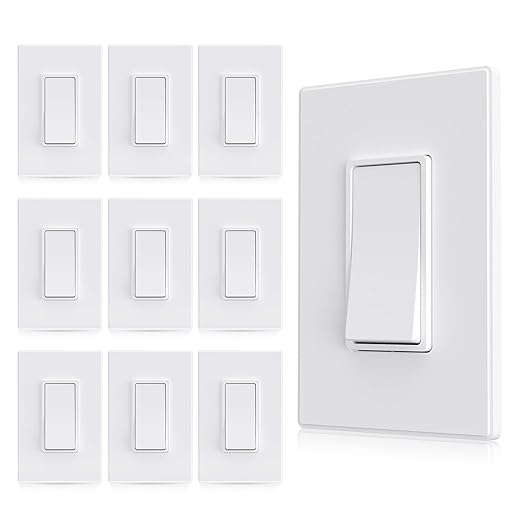 AIDA Matte White Single Pole Decors Light Switch with Screwless Wall Plate Cover, 15Amp, 120/277V, Paddle Rocker Switch Replacement, On/Off Wall Switch,Residential Grade, UL/CUL (10 Pack)