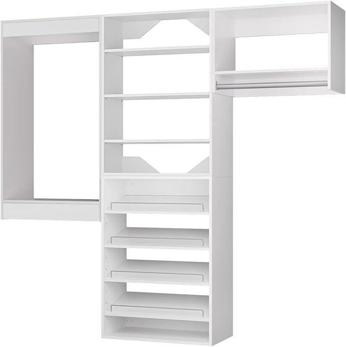 ROOMTEC Modular Closet System, 102" Wall Mounted Modern Closet Organizer with Hanging Rods and Shoe Shelf, Wooden Tower for Walk-In Closets, Wardrobe Storage Kit, White