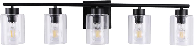 5 Light Bathroom Light Fixtures, 33.3 Inches Bathroom Lighting Fixtures Over Mirror, Black Vanity Light with Clear Glass Shades