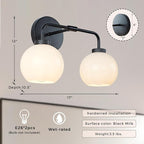 Minimalist Matte Black Metal Finish Glass Globe Double Wall Sconce, 17 Inch Hand-Polished Vanity Light with Milky Glass Shade Over Mirror, Wall Light for Hallway, Bathroom (Milk Glass-Matte Black)