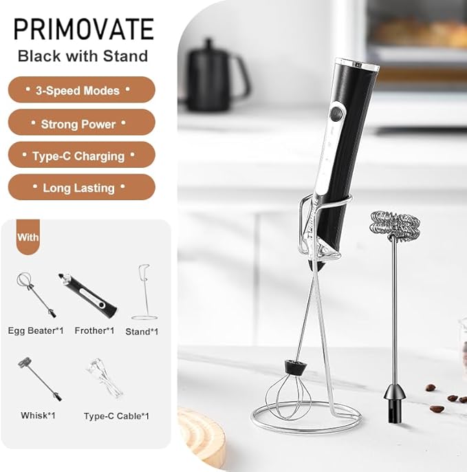 Rechargable Milk Frother, Handheld Drink Mixer with Whisk Attachment, 2025 upgraded, powerfull 3 speed motor, Type C charging with charge light, with extra egg mix head (Black with Stand)