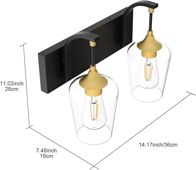 Ralbay Black/Gold Vanity Light 2 Lights Industrial Bathroom Light Fixtures Over Mirror with Clear Glass Black Bathroom Wall Mount Lighting Sconce