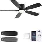 52inch Ceiling Fans with Lights, Low Profile Ceiling Fan with Light and Remote Control/APP Control, Flush Mount, Reversible DC Motor, Dimmable, Noiseless, Black Ceiling Fan for Bedroom