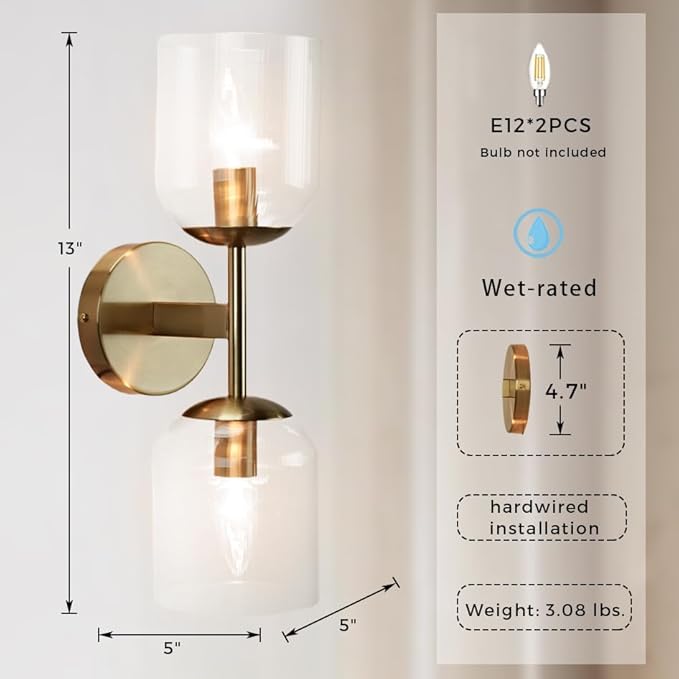 Minimalist Aged Brass Metal Double Wall Sconce, Modern Durable Ribbed Glass Shades Vanity Light, Bathroom Wall Mounted Light Beside Mirror, Wall Light for Hallway, Living Room (Brass)