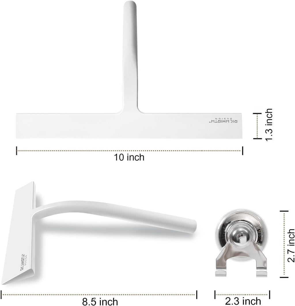 Shower Squeegee for Glass Doors 10 Inch, RICHMIRTH All Purpose Squeegee Cleaning Tool for Window Glass Mirror Bathroom Tile with Suction Cup Hooks - White