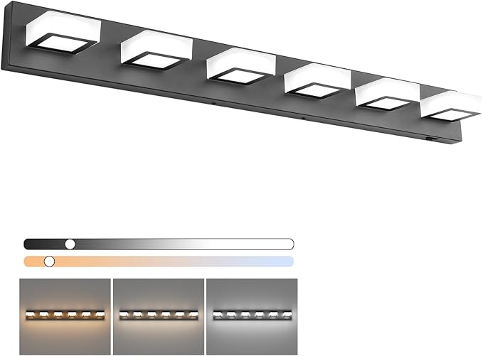 Ralbay 6 Lights Black Bathroom Lights Fixtures 40.4inch Dimmable 5 Color Temperature Black Acrylic Modern Matte Black Vanity Light for Bathroom