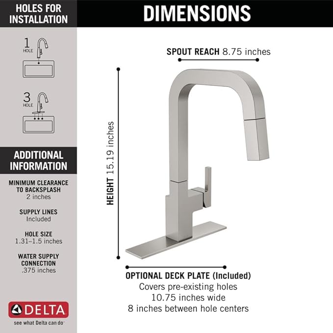 Delta Junction Brushed Nickel Kitchen Faucet with Pull Down Sprayer, Modern Single Hole Kitchen Sink Faucet, Single Handle, Spotshield Stainless 19825LF-SP