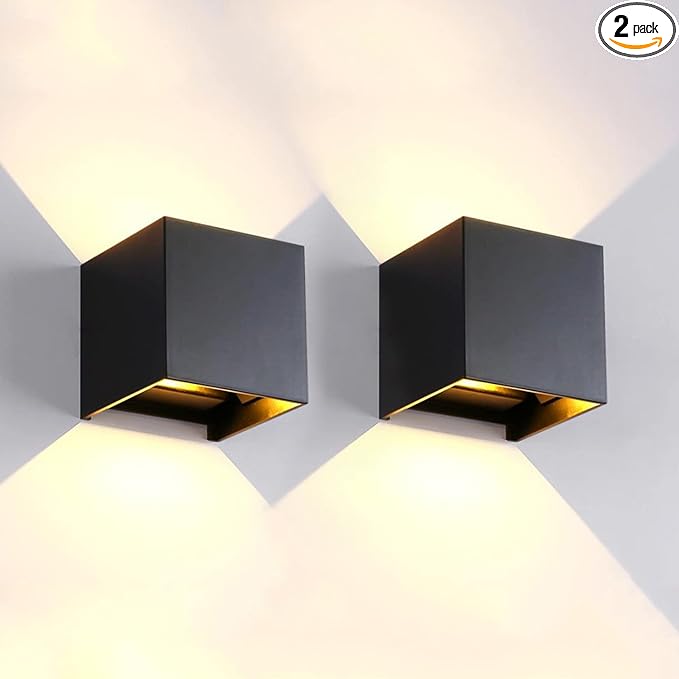 2 Pack LED Outdoor Wall Lights Exterior/Interior, Up and Down Lights IP65 Waterproof Wall Sconces, Square Aluminum Outdoor Wall Lighting Fixtures, Modern Black 12W 3000K Warm Lights