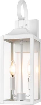 19" White Outdoor Wall Lantern 2-Light, Large Modern Wall Sconce Light Fixture, Industrial Porch Light with Glass, Waterproof Farmhouse Exterior Lamp
