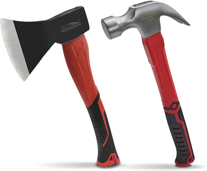 Wood Axe & 24 oz Claw Hammer Set, 2-Piece Heavy Duty Tools Kit for Camping, Wood Splitting, Demolition & DIY, Forged Steel Construction with Shock-Absorbing Handles