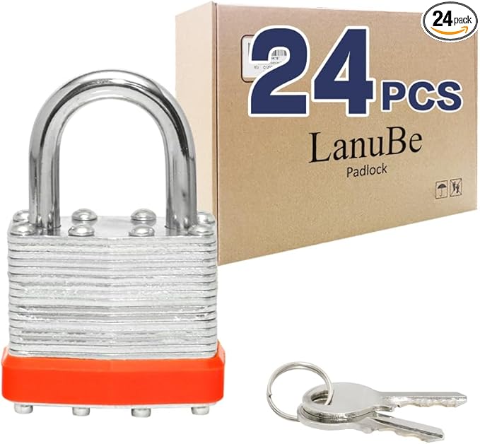 LanuBe Lock Laminated keyed Padlock (1-9/16", 40mm), keyed Alike Locks, Normal Shackle,Marked Orange Plastic Hoop, Pack of 24