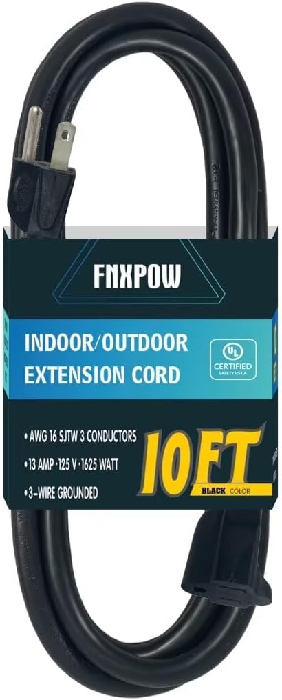 Indoor Outdoor Extension Cord 10 FT Waterproof, 16/3 Gauge Heavy Duty Black Extension Cords, 13A 1625W SJTW Extension Cord with 3 Prong Grounded Plug, Great for Tools, Lights, UL Listed.
