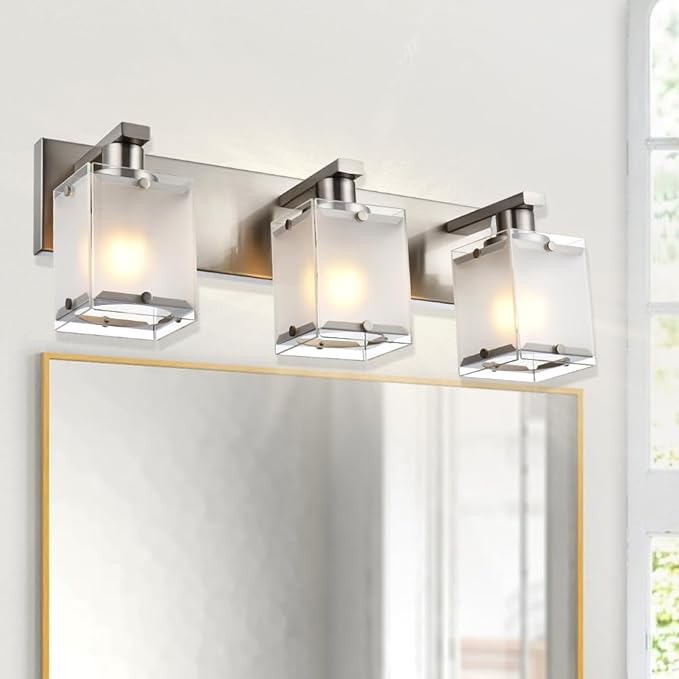 Modern 3-Lights Brushed Nickel Vanity Lights, Bathroom Light Fixture Over Mirror Wall Lighting Sconces with Frosted Glass Shades, E26 Bulb Base