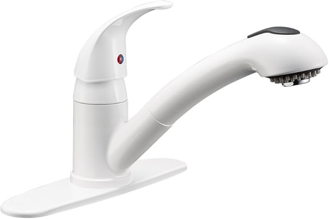 Dura Faucet DF-NMK852-WT RV Pull-Out Swivel Single Handle Kitchen Sink Faucet - One-Hole (White)