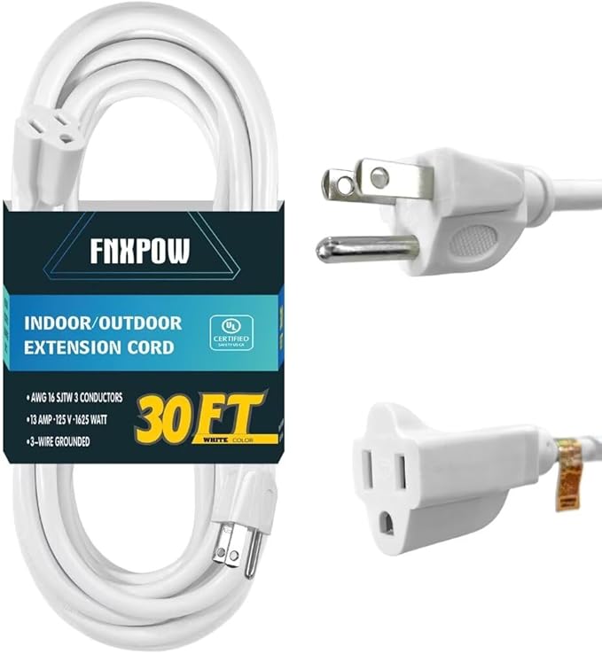 Indoor Outdoor Extension Cord 30 FT Waterproof, 16/3 Gauge Heavy Duty White Extension Cords, 13A 1625W SJTW Extension Cord with 3 Prong Grounded Plug, Great for Tools, Lights, UL Listed.
