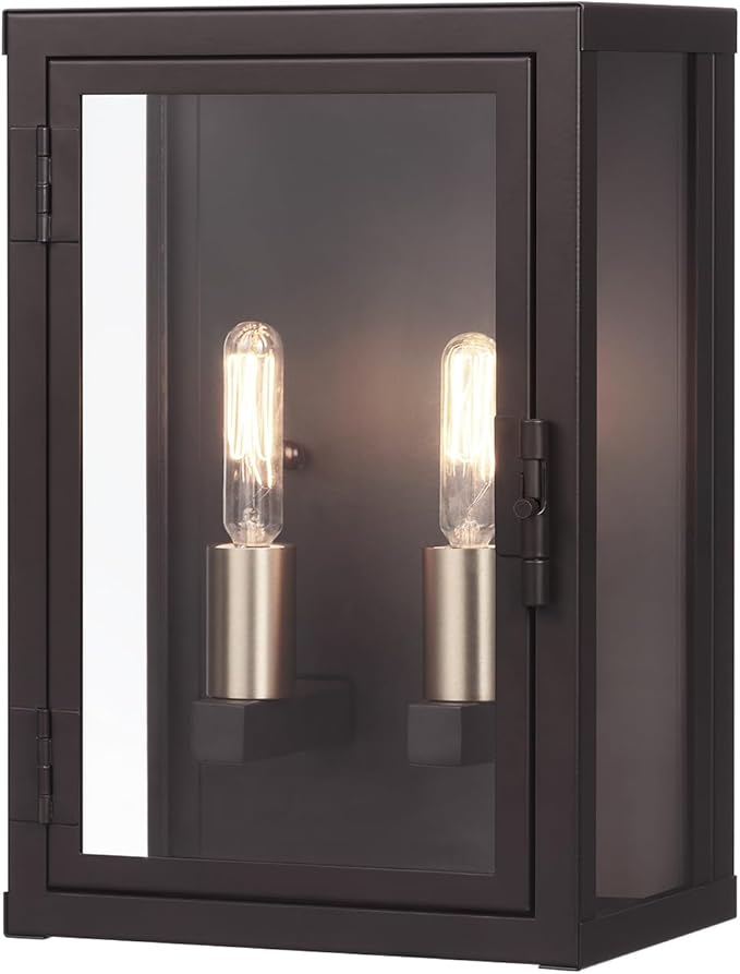 GLOBE Electric 60000131 2-Light Outdoor Wall Sconce, Dark Bronze, Matte Brass Accents, Weatherproof Glass Door Closure