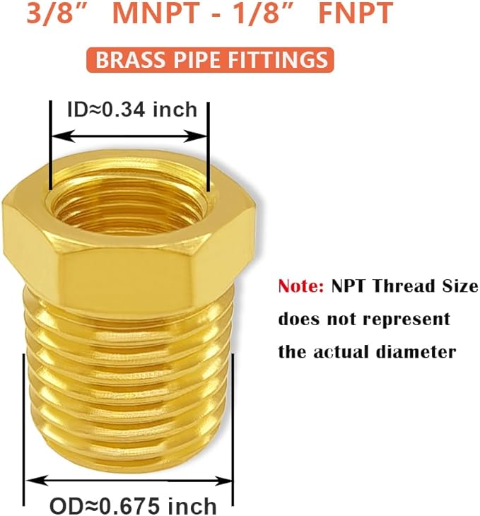 Hooshing 6PCS Brass Reducer Hex Bushing 3/8" NPT Male to 1/8" NPT Female Thread Pipe Fitting Hose Tube Convert Adapter