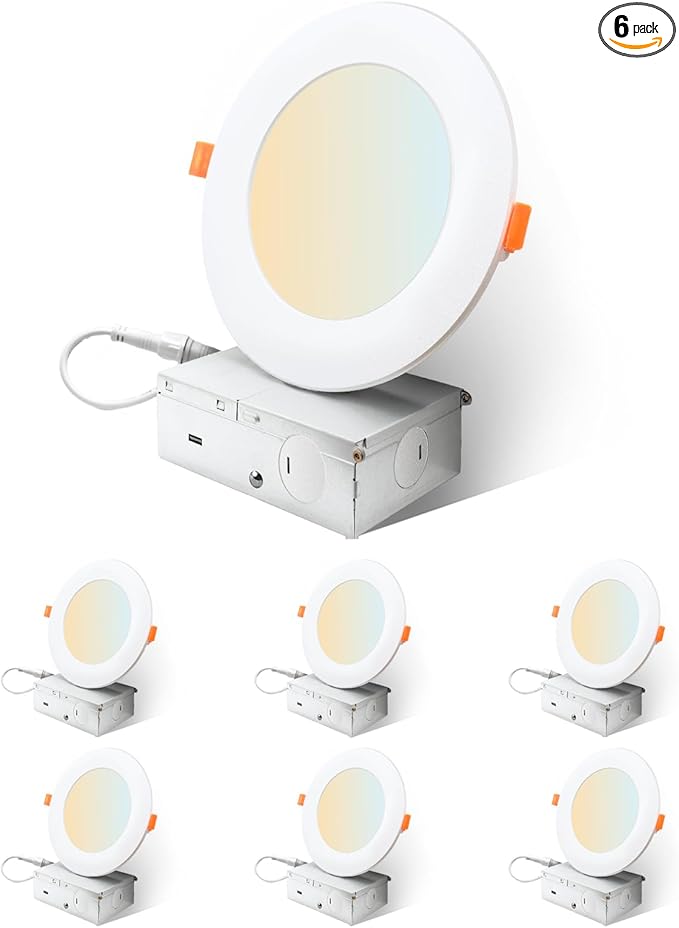 Sylvania 4" Slim Microdisk Downlight, 10W, 5 CCT Select (2700K - 5000K) Recessed Lighting, 700 LMS, 90 CRI, Dimmable, Wet-Rated, White - 6 Pack (61189)