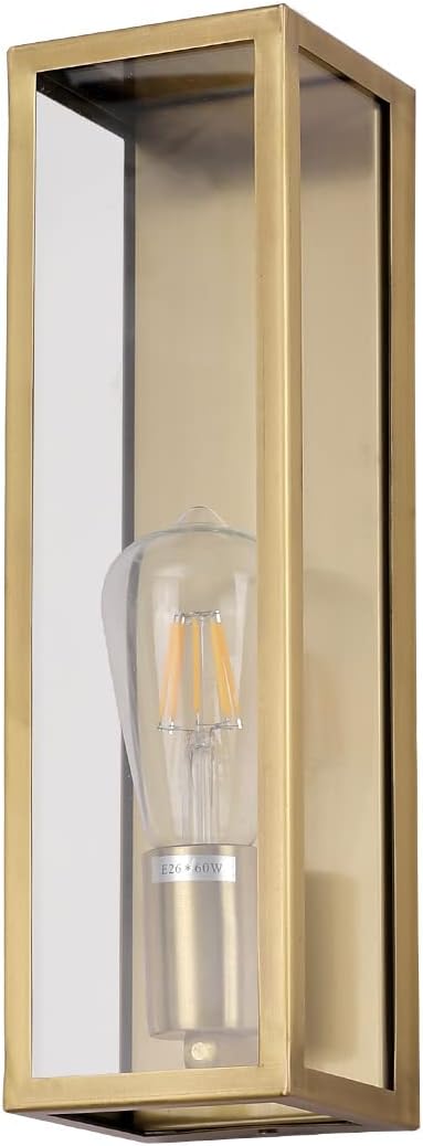 Outdoor Light Fixture, Exterior Wall Sconce, Brushed Brass Frame Wall Light with Clear Glass Shade for Porch, Garage, Patio, Doorway, Hallway